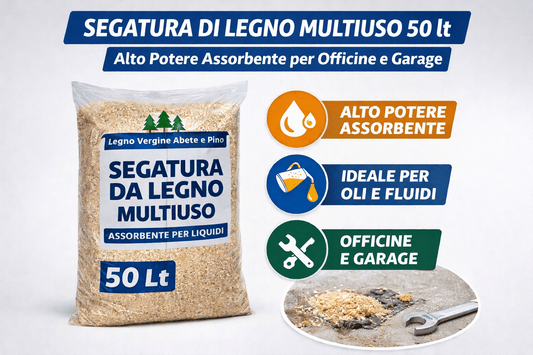 Segatura di Legno Multiuso 50 Lt – Alto Potere Assorbente per Officine e Pulizia Liquidi - Lemag srl