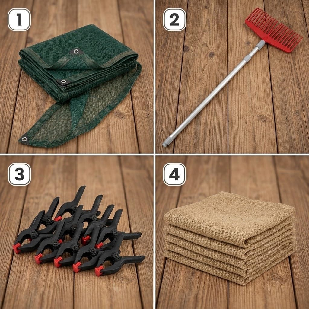 Contenuto del kit raccolta olive con rete antispina, scopa telescopica rossa, morsetti neri e sacchi in juta per olive.