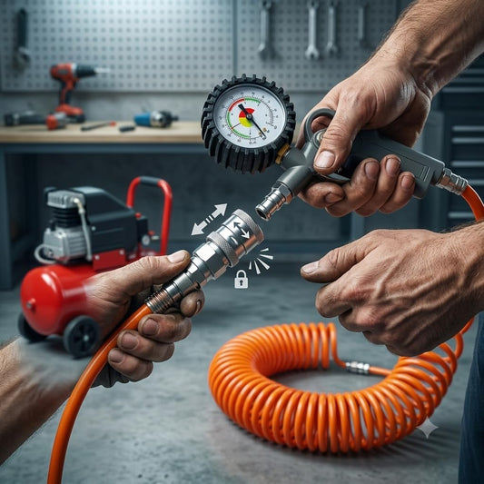 Collegamento rapido della pistola con manometro al tubo del kit accessori per compressore.