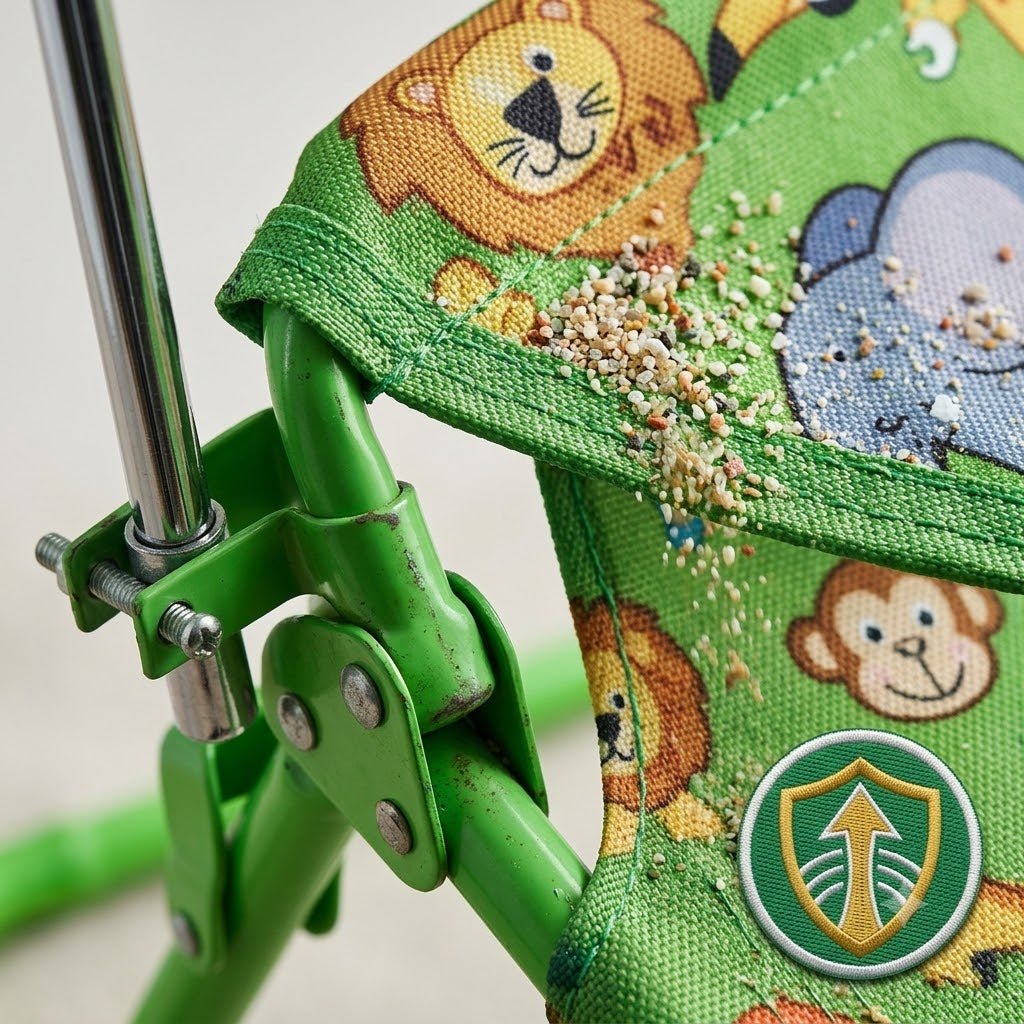 Dettaglio del resistente tessuto Oxford verde con animali della sedia da spiaggia per bambini con ombrellino.