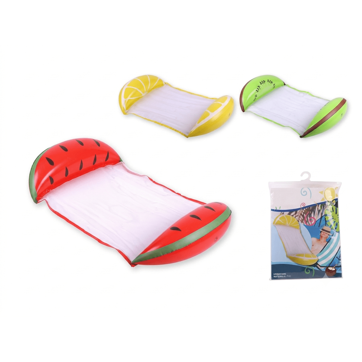 Amaca gonfiabile a forma di anguria, limone e kiwi, comodi gonfiabili mare e piscina in PVC resistente.