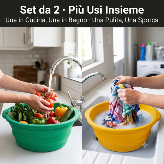 Set di bacinelle pieghevoli salvaspazio utilizzate per lavare le verdure in cucina e fare il bucato, pratiche e multiuso.