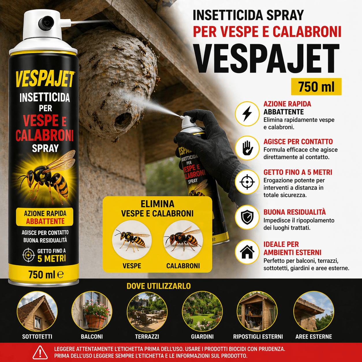 3 pezzi Insetticida Vespe e Calabroni Spray Vespajet 750 ml Gittata 5 m - Lemag srl