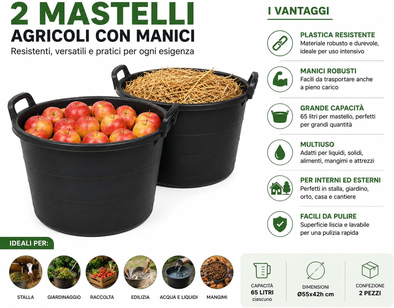 2 Mastelli Agricoli con Manici 65 Lt Ø55x42h - Lemag srl