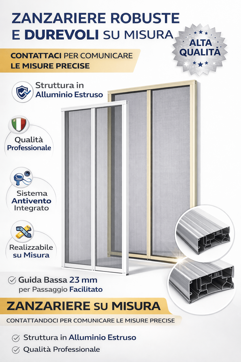 Zanzariera Professionale KLIP 40 Porta Finestra – Larghezze 100, 130, 160 cm – H fino 250 cm – Alluminio Estruso – Guida Bassa 23 mm – Sistema Antivento – Bianca o Avorio - Lemag srl