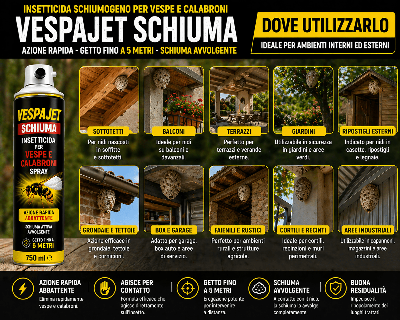 3 Spray Vespajet Schiuma Vespe Calabroni 750 ml Gittata 5 m - Lemag srl