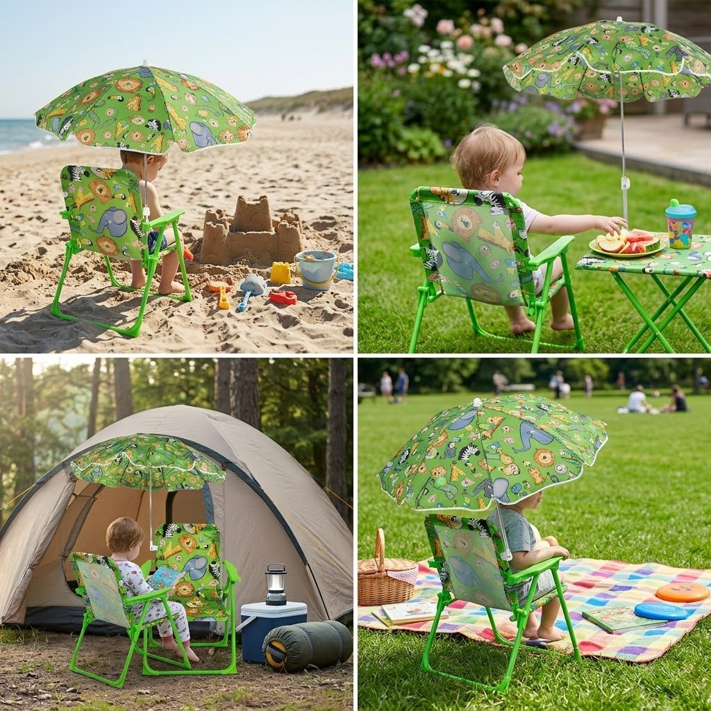 Sedia da spiaggia per bambini con ombrellino verde ideale per mare, giardino e campeggio.