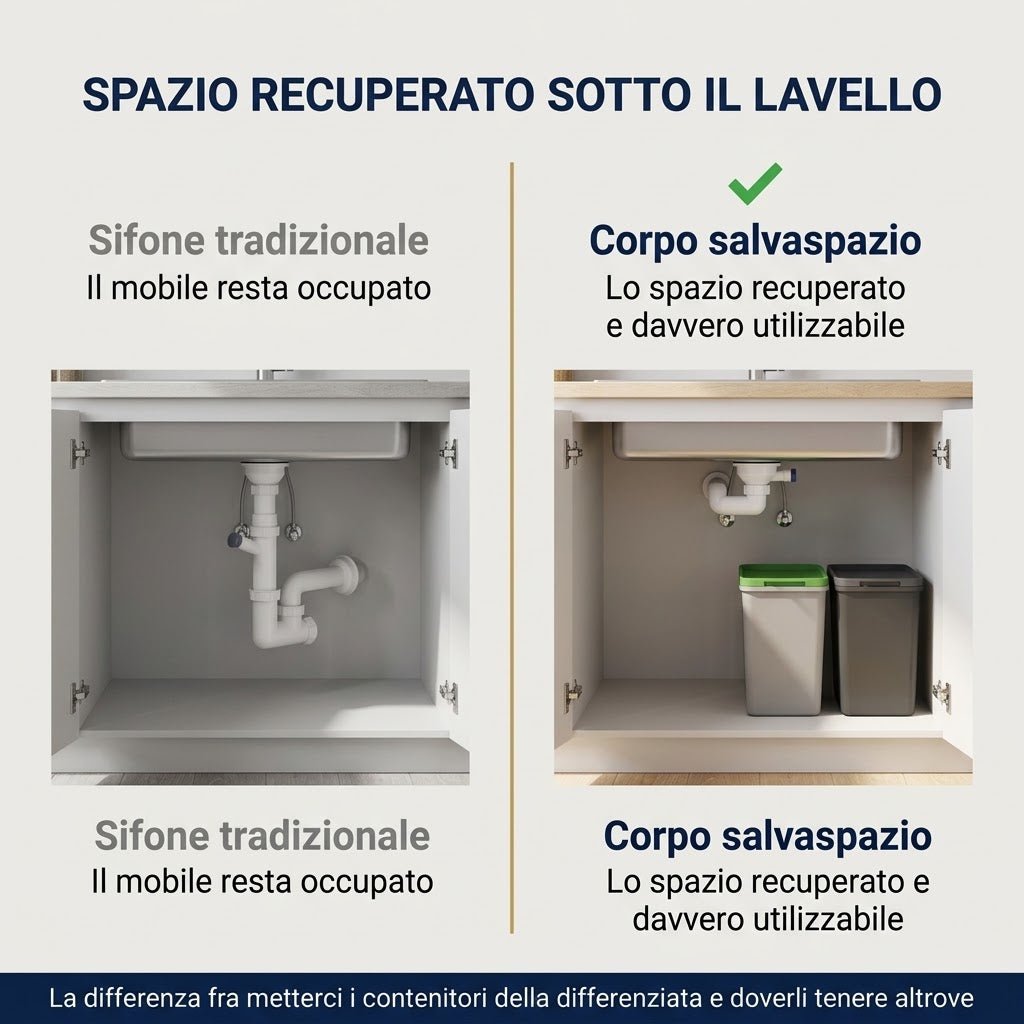 Sifone Salvaspazio per Lavello con Attacco Lavastoviglie 1 Pollice e Mezzo x 40 mm - Corpo Compatto che Libera il Mobile - Collega la Macchina Senza Secondo Scarico - Lemag srl