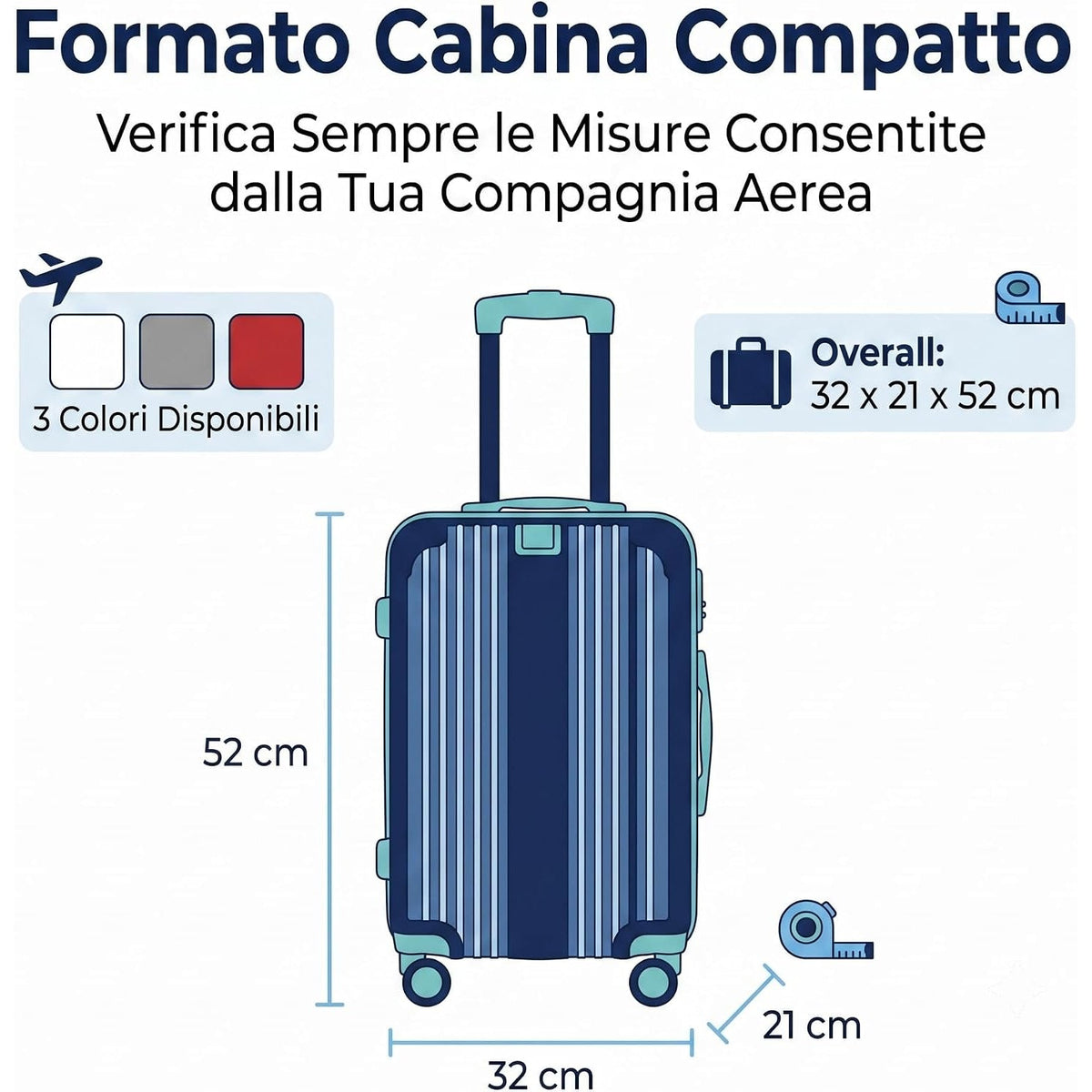 Misure del trolley cabina rigido abs Lemag, 32x21x52 cm, perfetto come bagaglio a mano compatto.