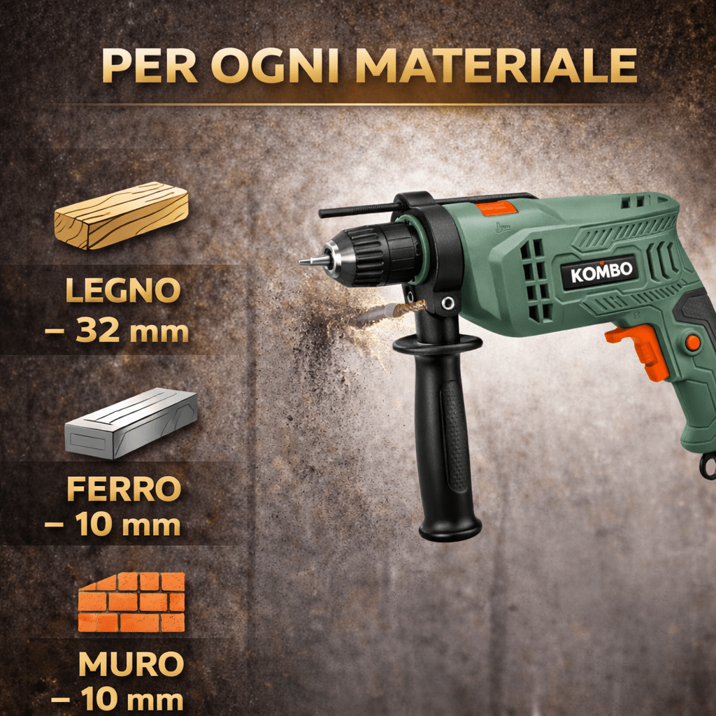 Trapano a Percussione Elettrico 550W – Mandrino Autoserrante 10mm – 0 - 3000 RPM – Foratura Legno 32mm - Lemag srl