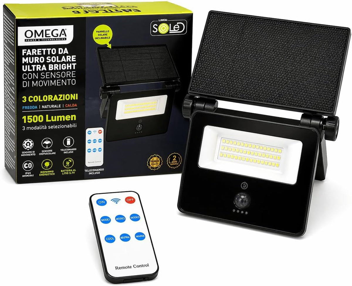 Faretto solare LED 15W 1500 lm IP65 con sensore PIR e telecomando