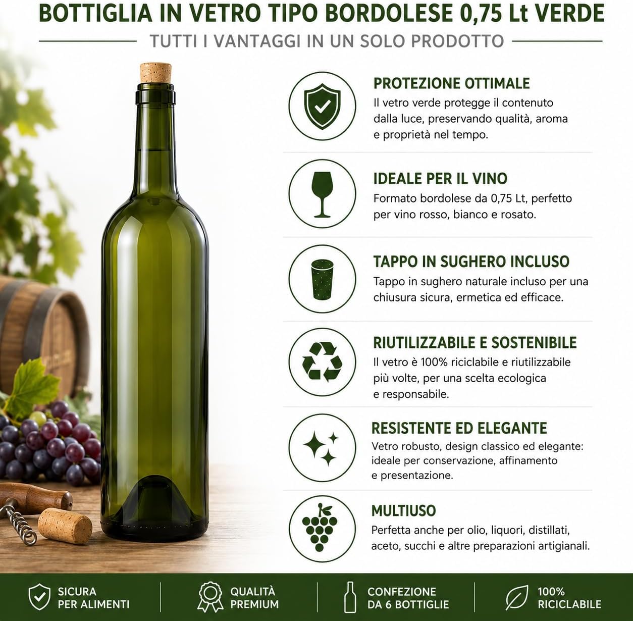 Bottiglia in Vetro per Vino Tipo Bordolese 0,75 Lt Verde con Tappo in Sughero Confezione 6 Bottiglie per Imbottigliamento Vino - Lemag srl