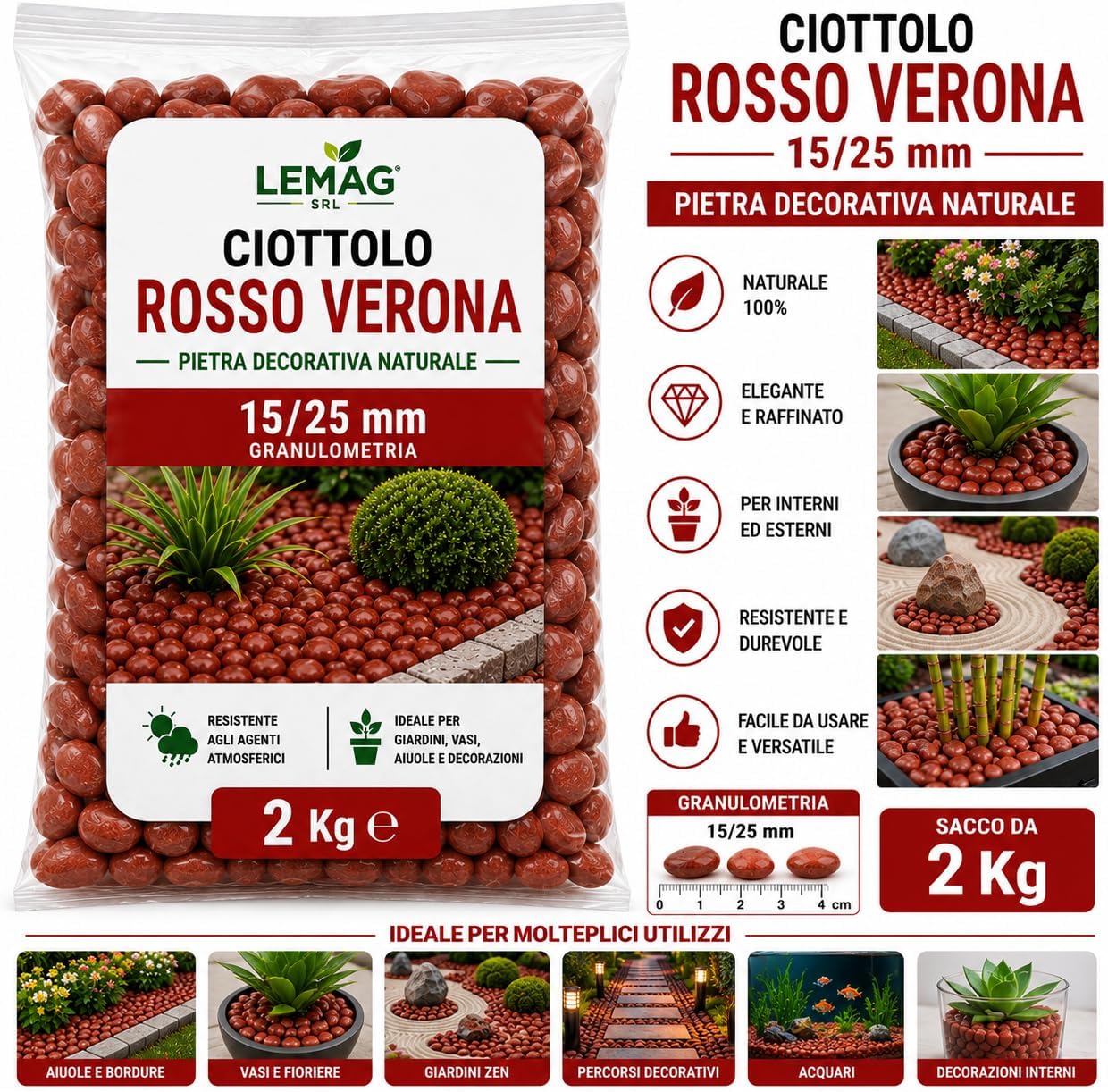 Ciottolo Rosso Verona 15/25 mm in Sacco da 2 kg Pietra Decorativa Naturale per Giardino Vasi Aiuole Interno Esterno - Lemag srl