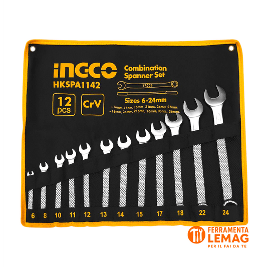 Set Chiavi Combinate Ingco 12 Pezzi – In Acciaio Cr - V con Custodia Arrotolabile - Lemag srl