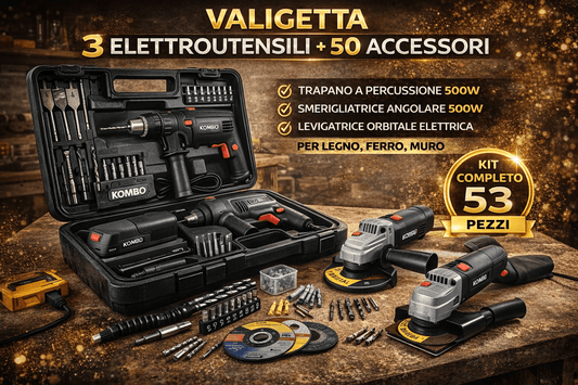 Valigetta 3 Elettroutensili + 50 Accessori – Trapano a Percussione 500W – Kit Completo Fai da Te - Lemag srl