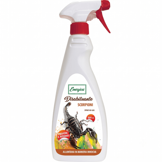 Flacone spray Energica da 500ml, un repellente per scorpioni naturale pronto all'uso per interni ed esterni.