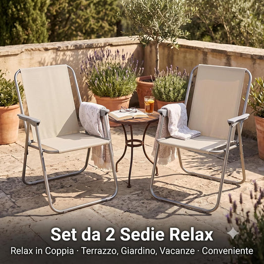 Set da 2 sedie relax da giardino color ecrù con telaio in metallo posizionate su un terrazzo.