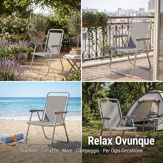 Set di sedie relax da giardino grigie in acciaio, ideali per l'uso in giardino, sul terrazzo, al mare o in campeggio.