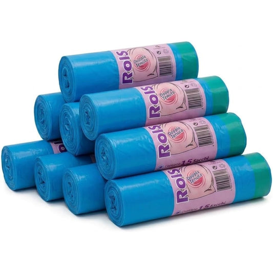 Lemag Sacchi Spazzatura 55x65 cm Azzurro 120 Pezzi - Sacchetti Immondizia per Pattumiera, Bagno, Ufficio e Cucina - Rotoli da 15 Sacchi - Resistenti e Facili da Staccare - Lemag srl