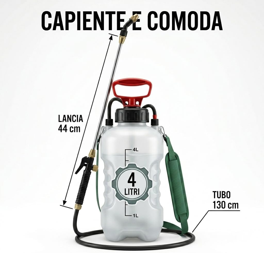 Pompa a Pressione 4 Litri – Vaporizzatore Irroratore Manuale per Giardino con Lancia 44 cm e Tubo 130 cm – Nebulizzatore a Pressione per Trattamenti Piante e Orto - Lemag srl