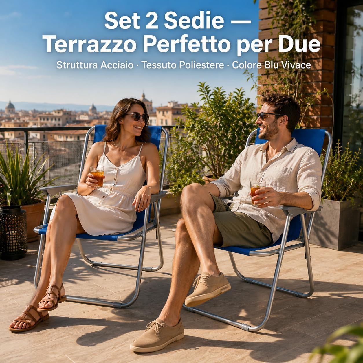 Set 2 Sedie Relax Blu 52x46x74cm – Struttura Acciaio e Poliestere | Sedia Pieghevole da Giardino Terrazzo Spiaggia | Resistente e Leggera | Coppia | Made in Italy - Lemag srl