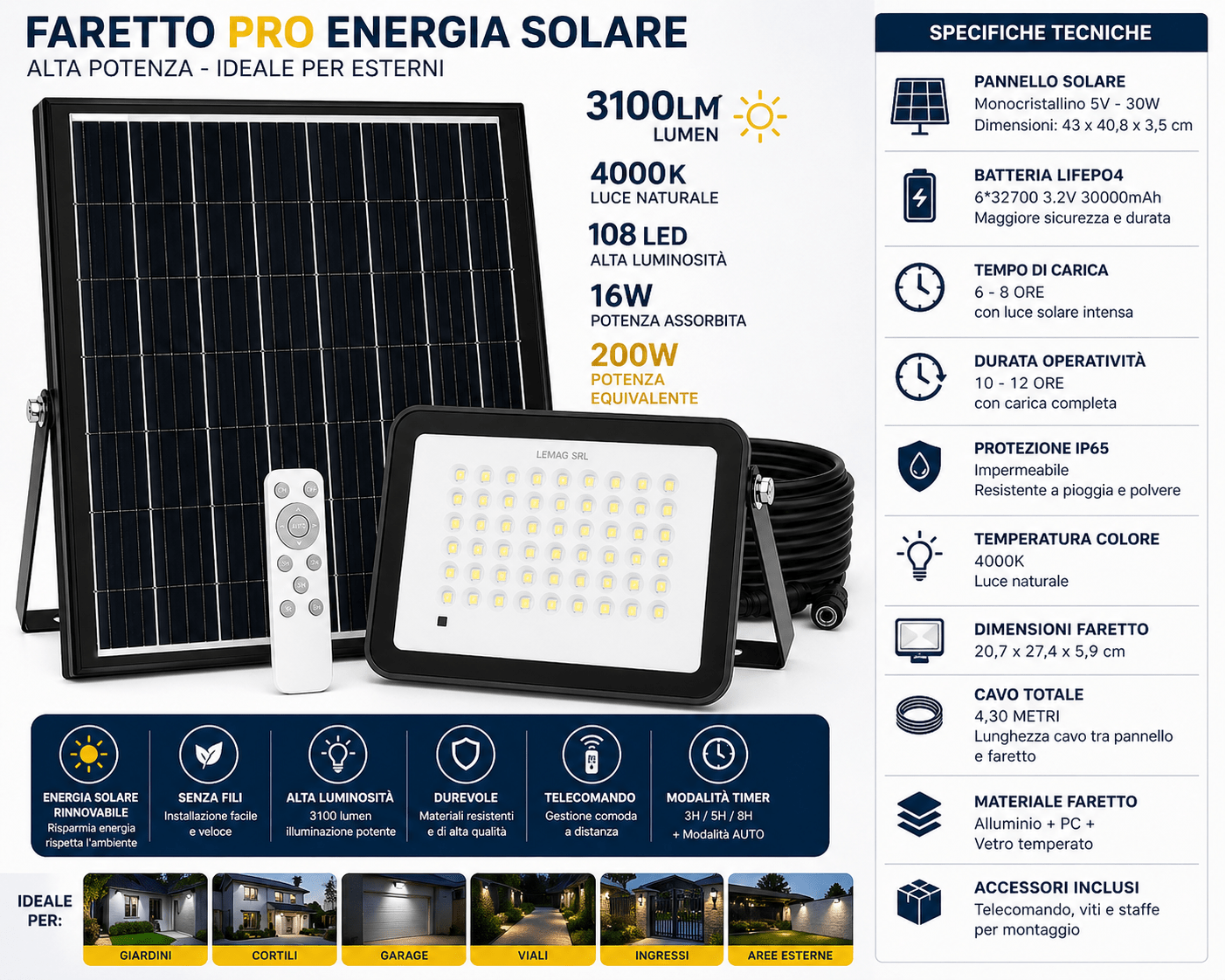 Faretto Solare PRO 3100LM 108 LED 16W IP65 4000K con Telecomando - Lemag srl