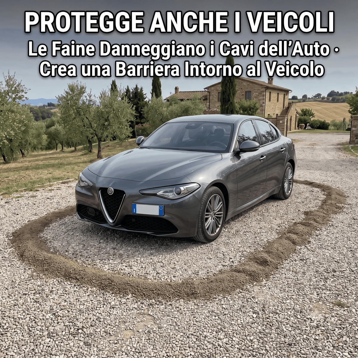 Auto protetta da una barriera di granuli con disabituante per volpi e faine per evitare danni ai cavi del veicolo.