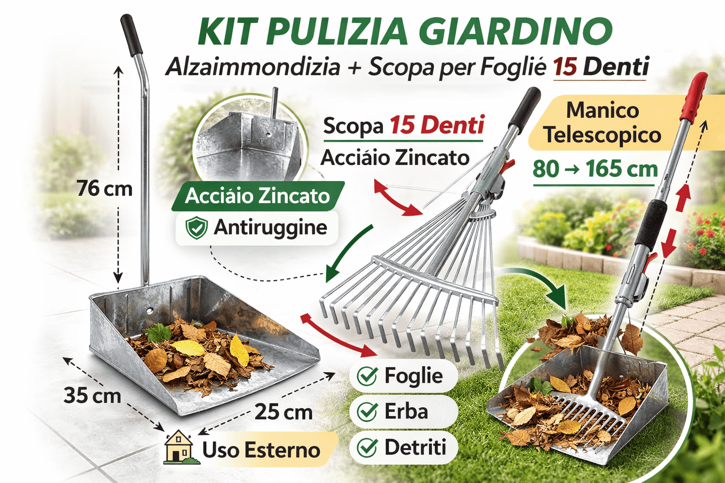 Kit Pulizia Giardino con Alzaimmondizia Zincato 35x25x76h cm + Scopa Foglie Regolabile 15 Denti con Manico Telescopico 80–165 cm - Lemag srl