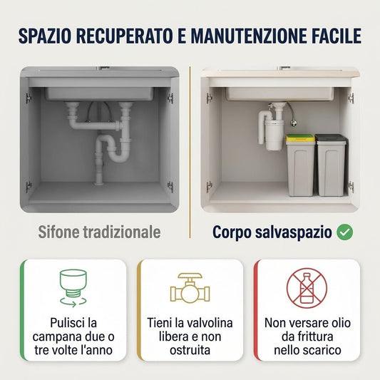 Confronto tra sifone tradizionale e sifone salvaspazio 2 vasche che ottimizza lo spazio e facilita la manutenzione.