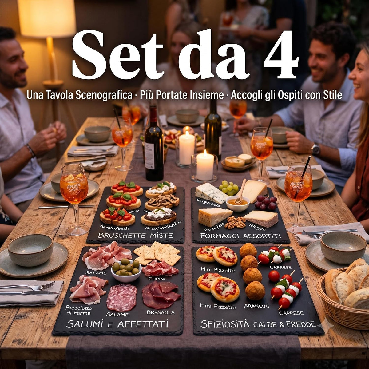 Set da 4 vassoi effetto lavagna per aperitivo con bruschette, salumi e formaggi su una tavola imbandita.
