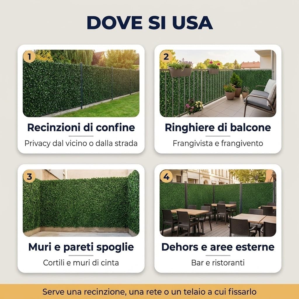 Siepe Artificiale Bosso Pannello 100x100 cm - Foglia Piccola Verde Scuro - Frangivista per Recinzioni, Ringhiere e Balconi - Si Taglia con le Forbici e si Fissa con Fascette - Lemag srl