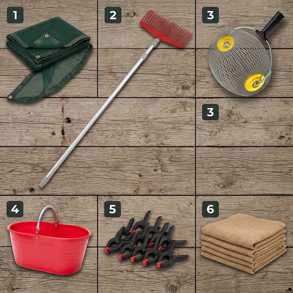 Kit raccolta olive Pro con rete antispina, scopa telescopica, raccoglitore a rullo, cesta, morsetti e sacchi di juta.