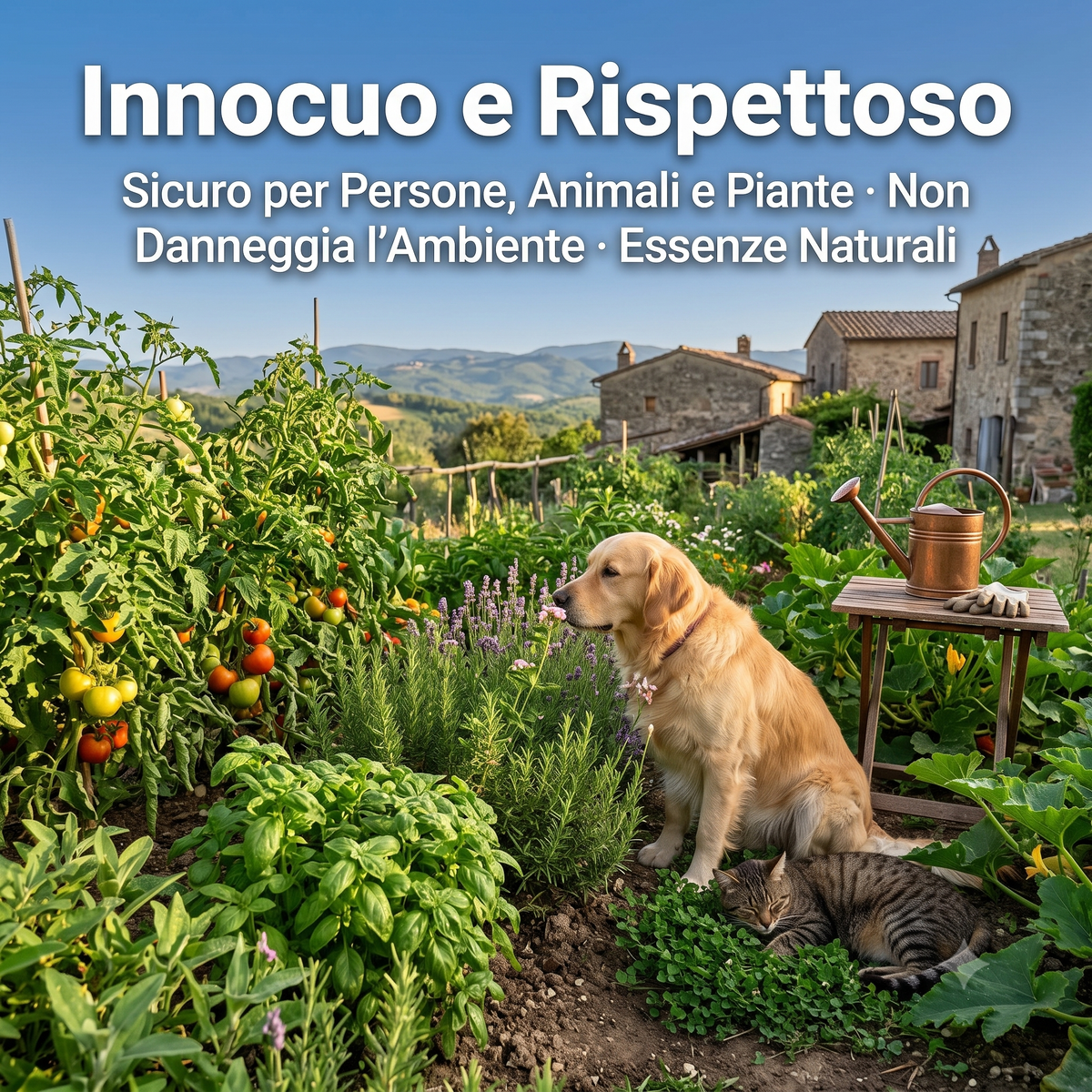 Repellente per serpenti in gel naturale e sicuro per piante e animali domestici in giardino, con cane e gatto tra i fiori.