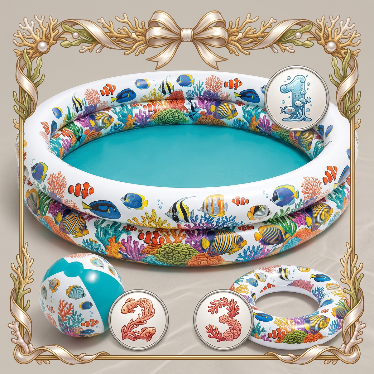 Set piscina gonfiabile per bambini barriera corallina con palla e salvagente.