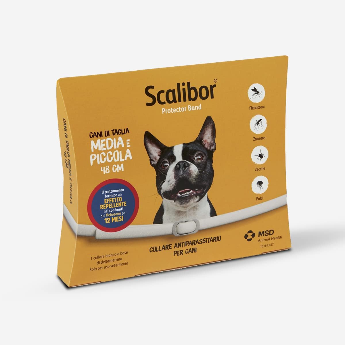 Confezione di collare scalibor cani piccoli e medi da 48 cm, ideale per proteggere il cane da zecche, pulci e pappataci.
