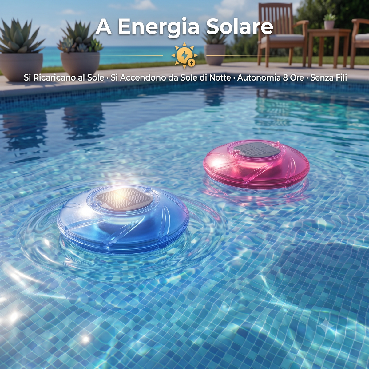 Set di due lampade solari galleggianti piscina blu e rosa ricaricabili a energia solare.
