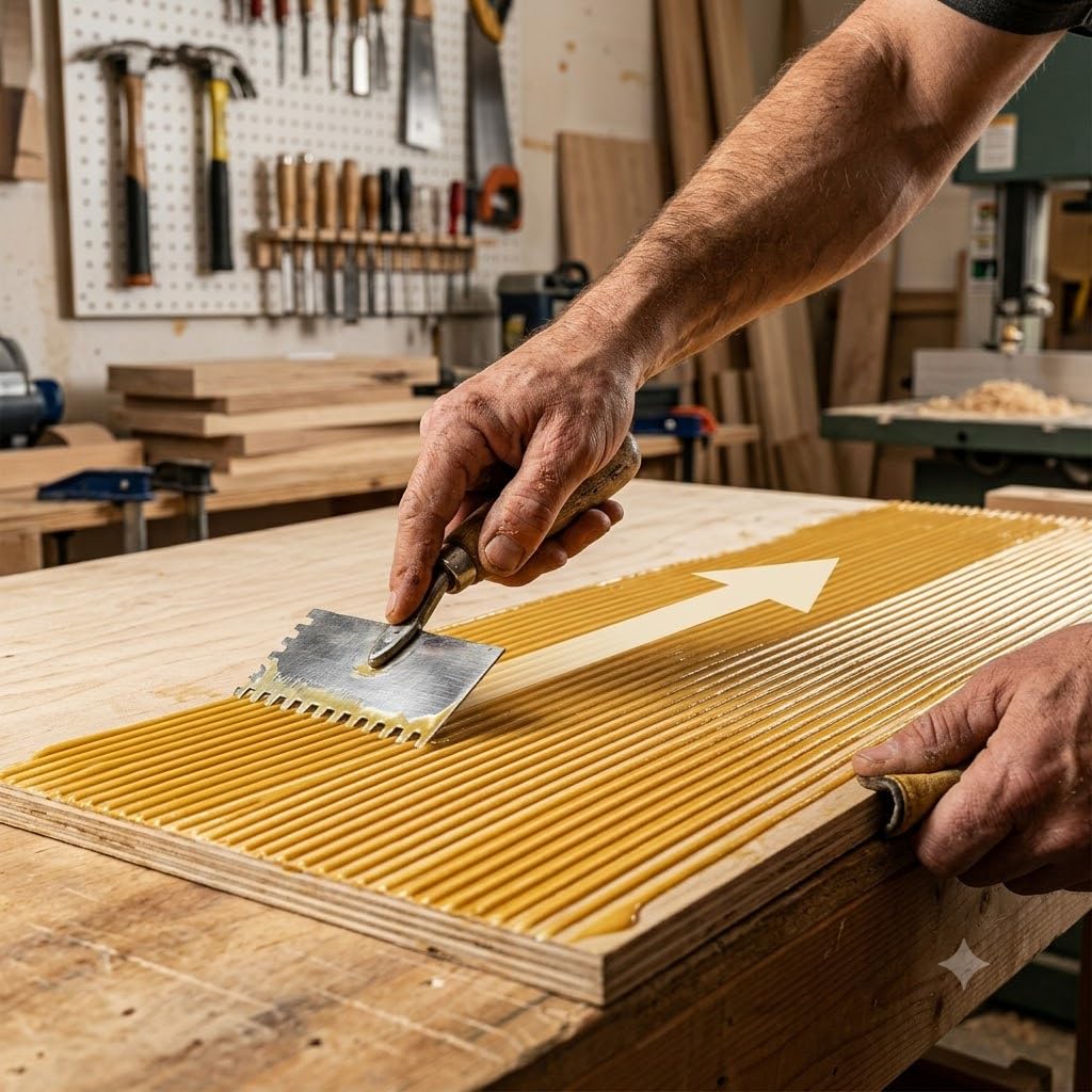 Applicazione della colla a contatto per laminato ELSTIK 99 NEW con spatola dentata su legno.