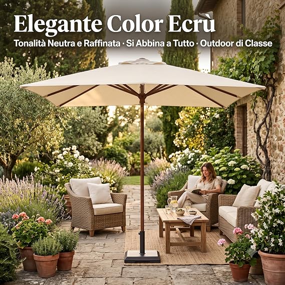 Elegante ombrellone rettangolare 2x3 color ecrù in un giardino fiorito con salottino esterno per un perfetto relax all'aperto.