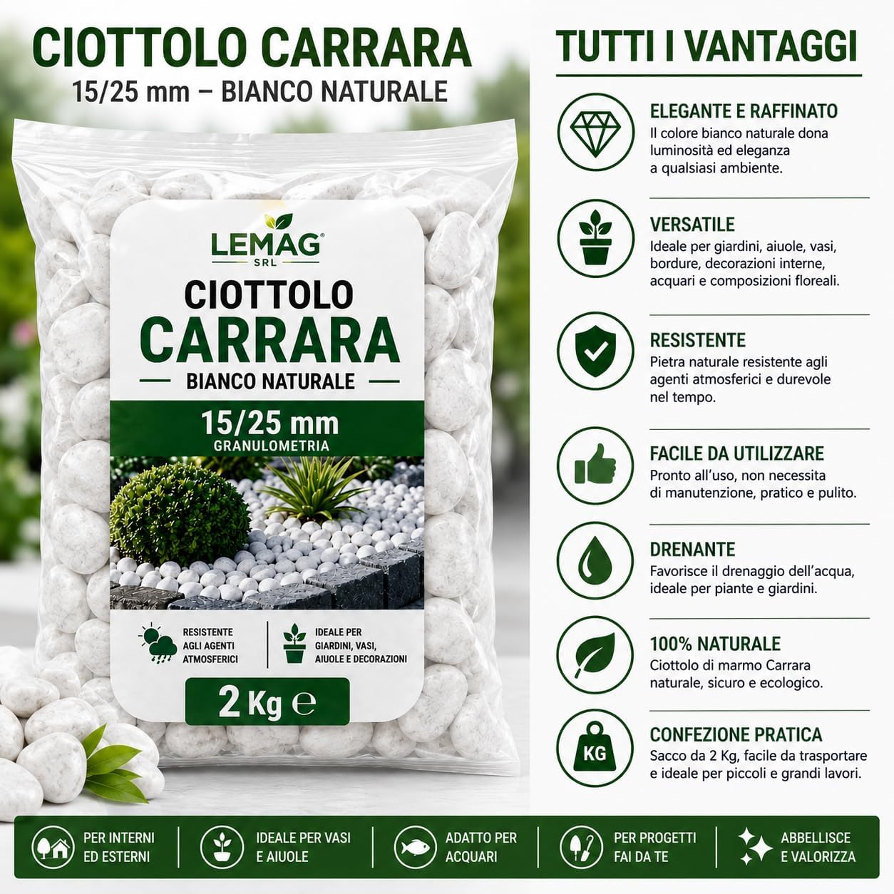 Ciottolo Carrara Bianco 15/25 mm in Sacco da 2 kg Pietra Decorativa per Giardino Vasi Aiuole Decorazioni Esterno Interno - Lemag srl