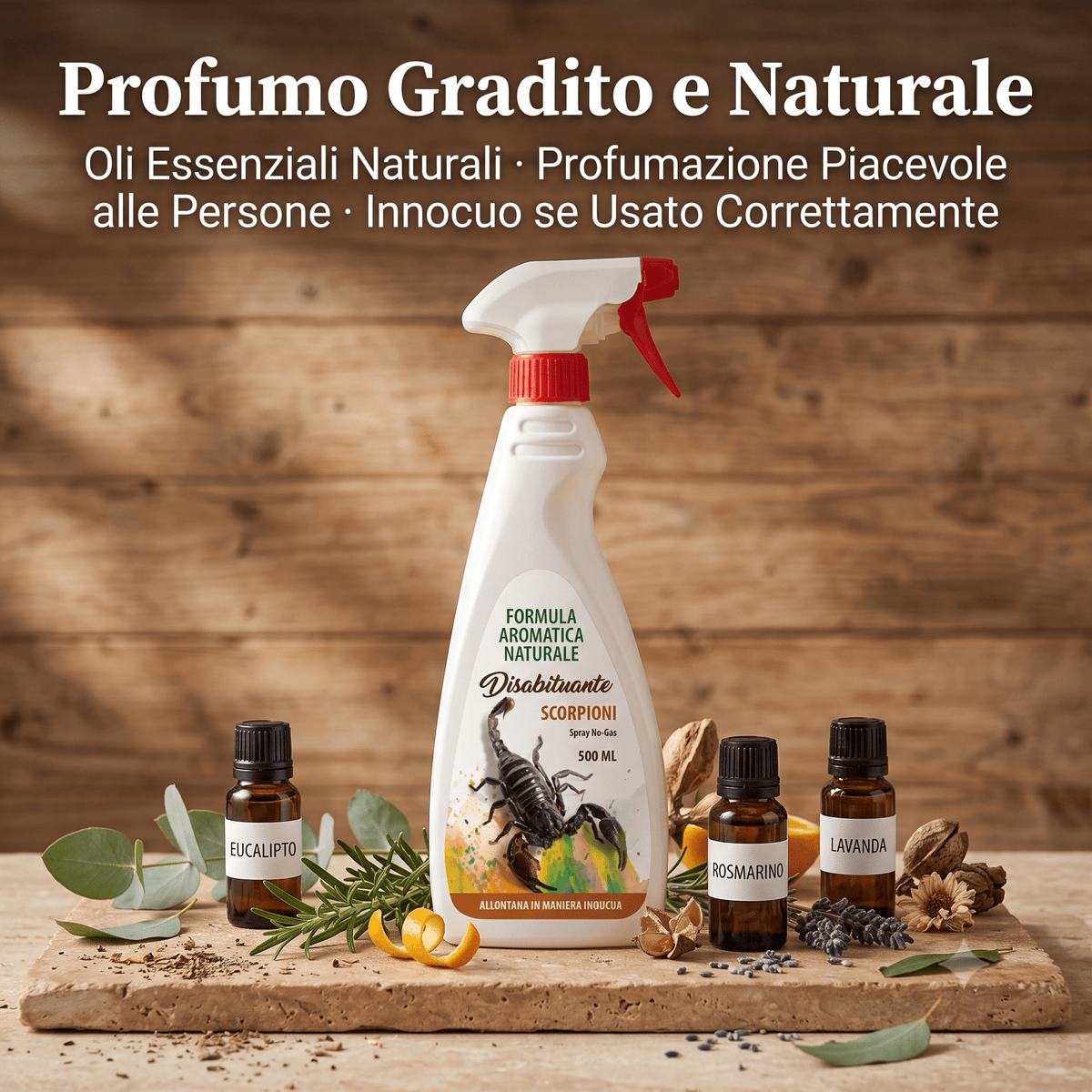 Spray disabituante scorpioni 500 ml Energica formulato con oli essenziali naturali di eucalipto, rosmarino e lavanda.
