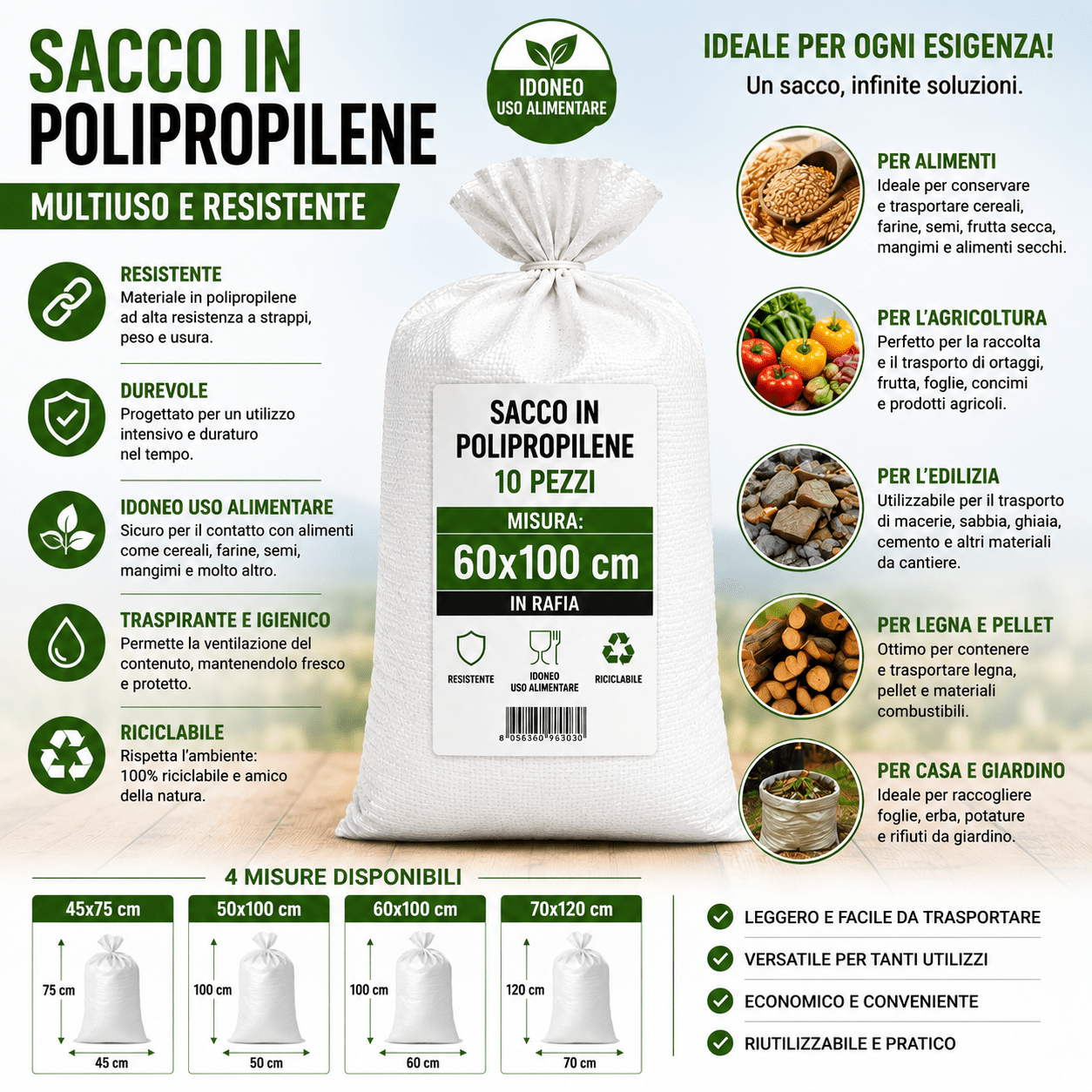 Sacco in Polipropilene Rafia per Alimenti e Raccolta 10 Pezzi Resistente Multiuso per Cereali Mangime Legna Macerie Orto Disponibile in Varie Misure - Lemag srl