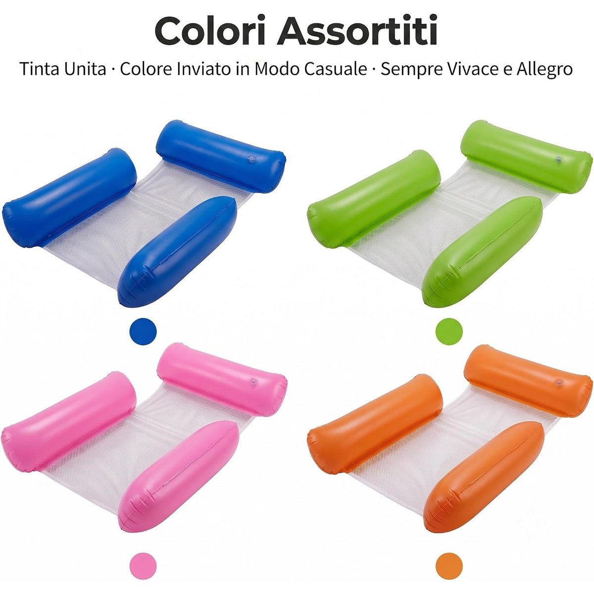 Colori assortiti per il lettino gonfiabile piscina con braccioli, ideale per il relax estivo degli adulti.