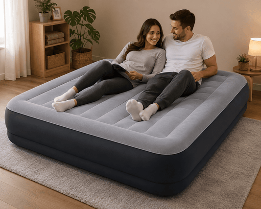 Materasso Gonfiabile Matrimoniale Floccato con Pompa a Piede Incorporata 191x137x28 cm Letto Campeggio Ospiti - Lemag srl