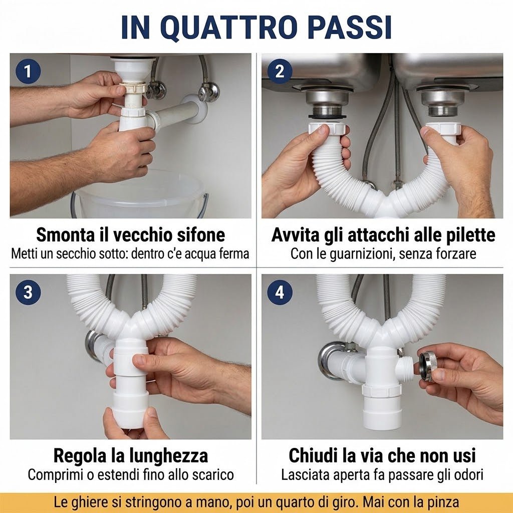 Guida illustrata in 4 passaggi per l'installazione del sifone eccentrico lavabo.