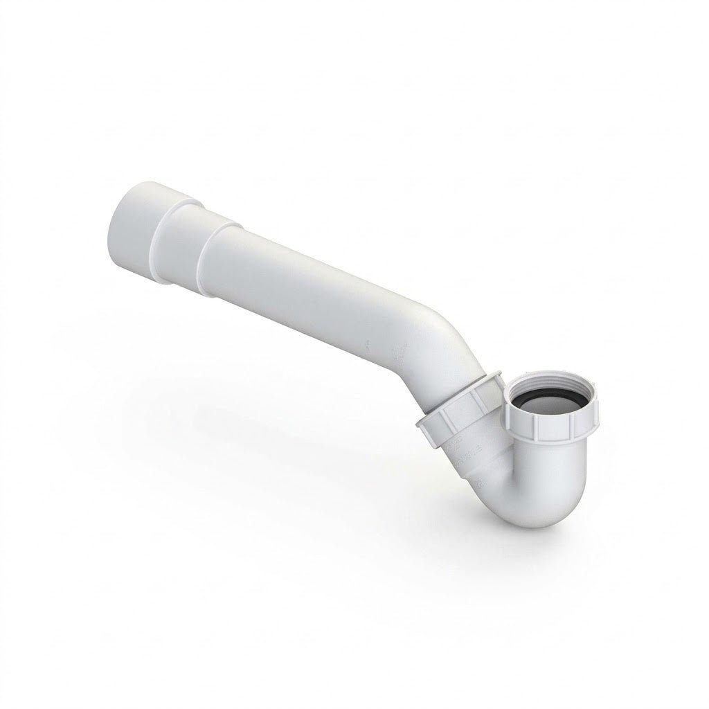 Dettaglio di un sifone vasca ribassato bianco a profilo basso per scarico vasca da bagno.