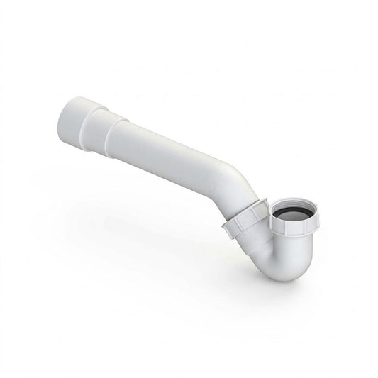 Dettaglio di un sifone vasca ribassato bianco a profilo basso per scarico vasca da bagno.