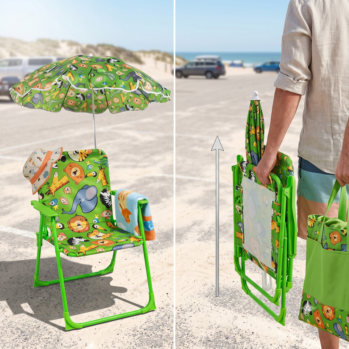 Sedia da spiaggia per bambini con ombrellino verde con disegni di animali, in versione aperta e piegata per il mare.