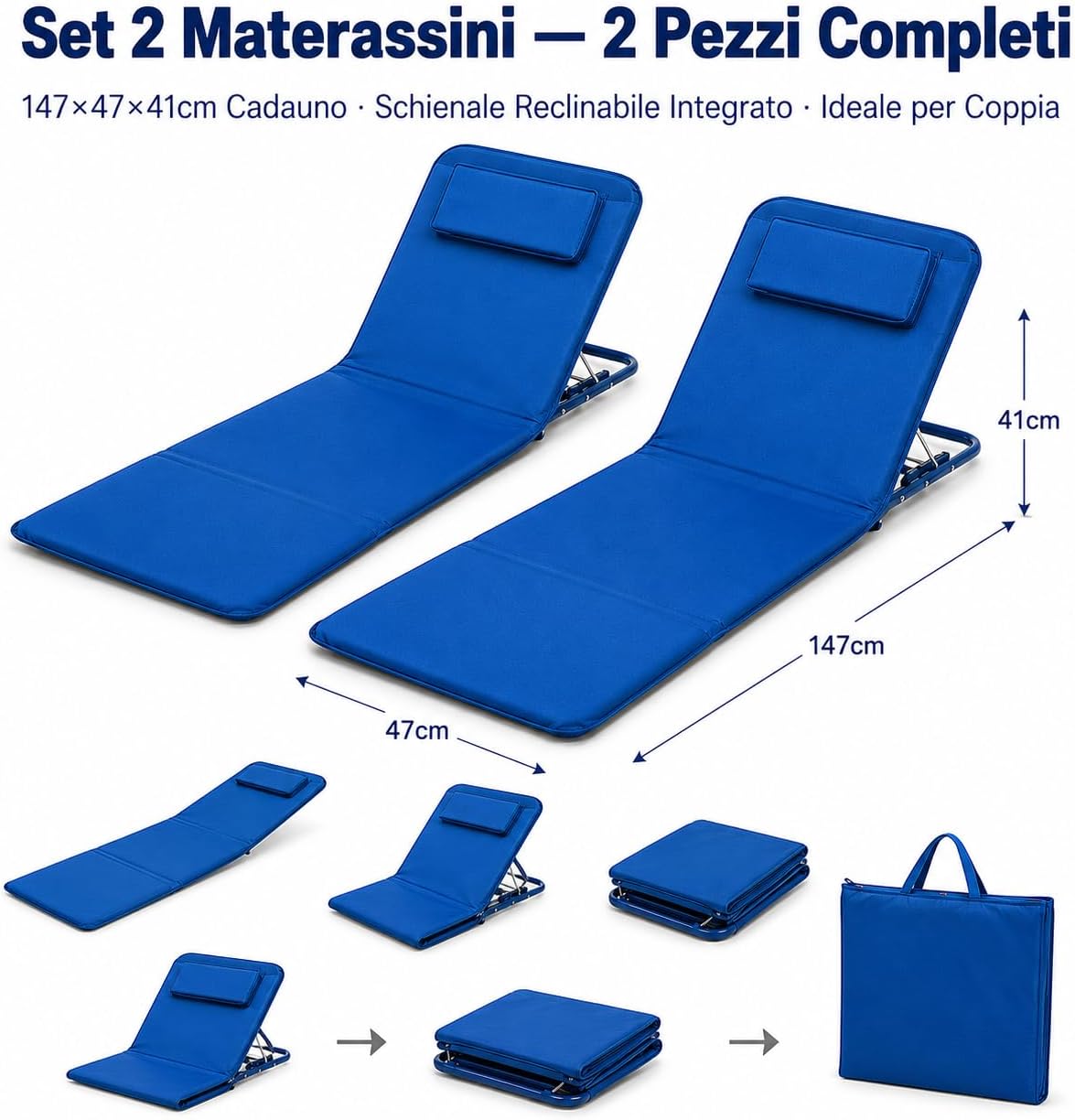 Set 2 Materassini Gonfiabili da Spiaggia con Schienale 147x47x41cm – Sdraio Gonfiabile Coppia | Piscina Campeggio Giardino | Schienale Reclinabile | Made in Italy - Lemag srl