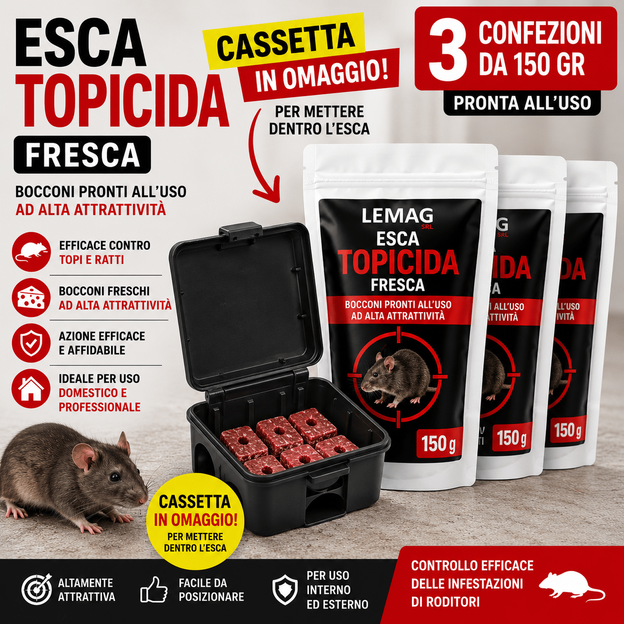 Esca Topicida Fresca 150 gr 3 Confezioni per Topi e Ratti Bocconi Pronti all’Uso ad Alta Attrattività Uso Domestico e Professionale - Lemag srl
