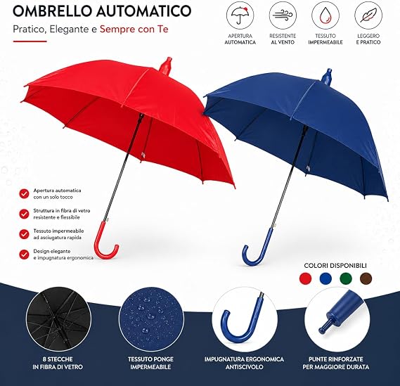 Set 2 Ombrelli Automatici Antigoccia Ø60cm – 8 Stecche Resistenti | Apertura Automatica a Pulsante | Tessuto Repellente Acqua | Uomo Donna | Coppia | Made in Italy - Lemag srl